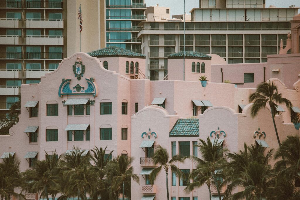 Vintage view of the Royal Hawaiian Hotel in Honolulu, Hawaii, showcasing unique architecture.